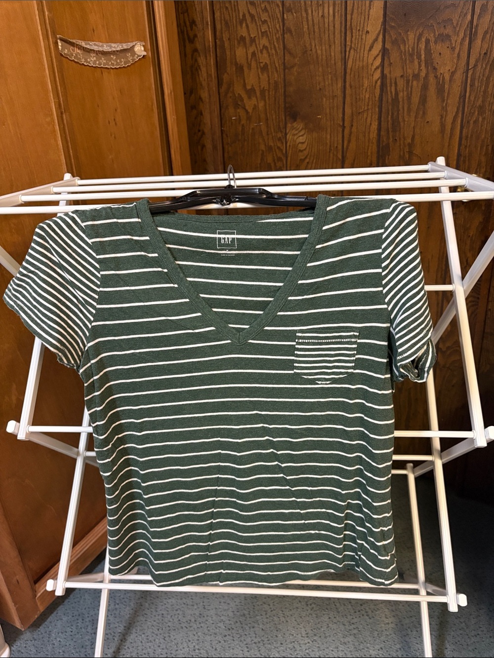 GAP Forest Green and White Striped V-Neck Shirt